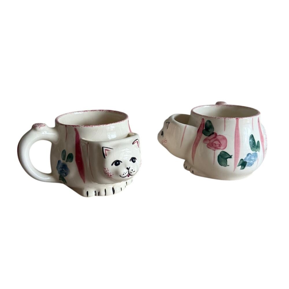 Vintage Cat Shaped Ceramic Tea Mug Set Painted Floral Kitty Coffee Cups Pair